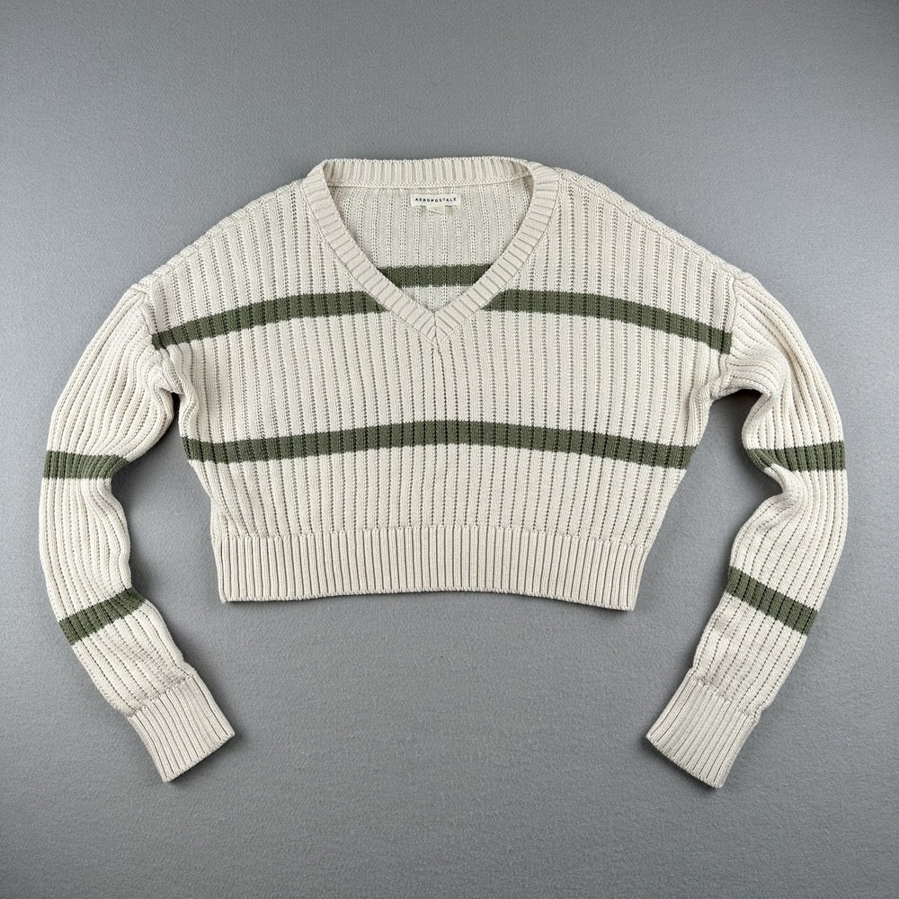 Aeropostale Womens Cropped Knit Sweater Beige And Green Size Small